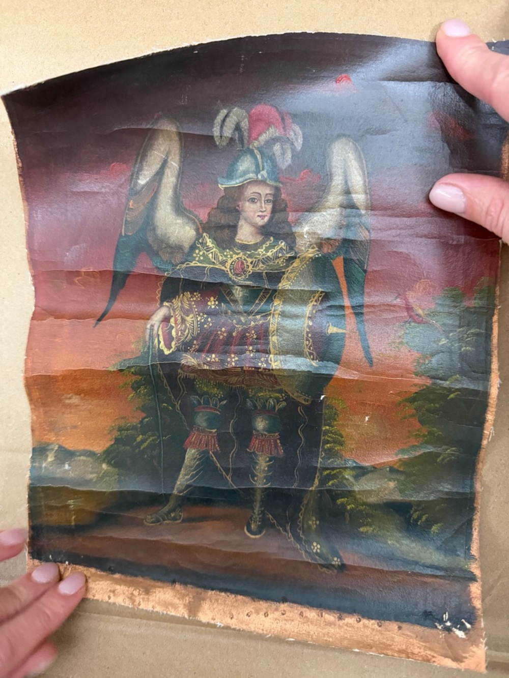 Hand-Painted Angel Painting on Leather - Rich Jewel Tones